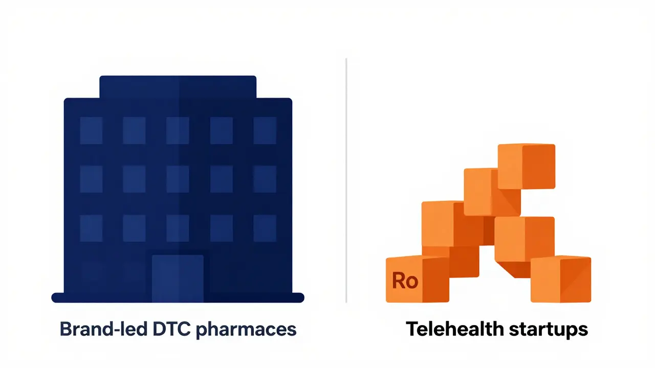 Split illustration contrasting brand-led vs startup DTC pharmacy models