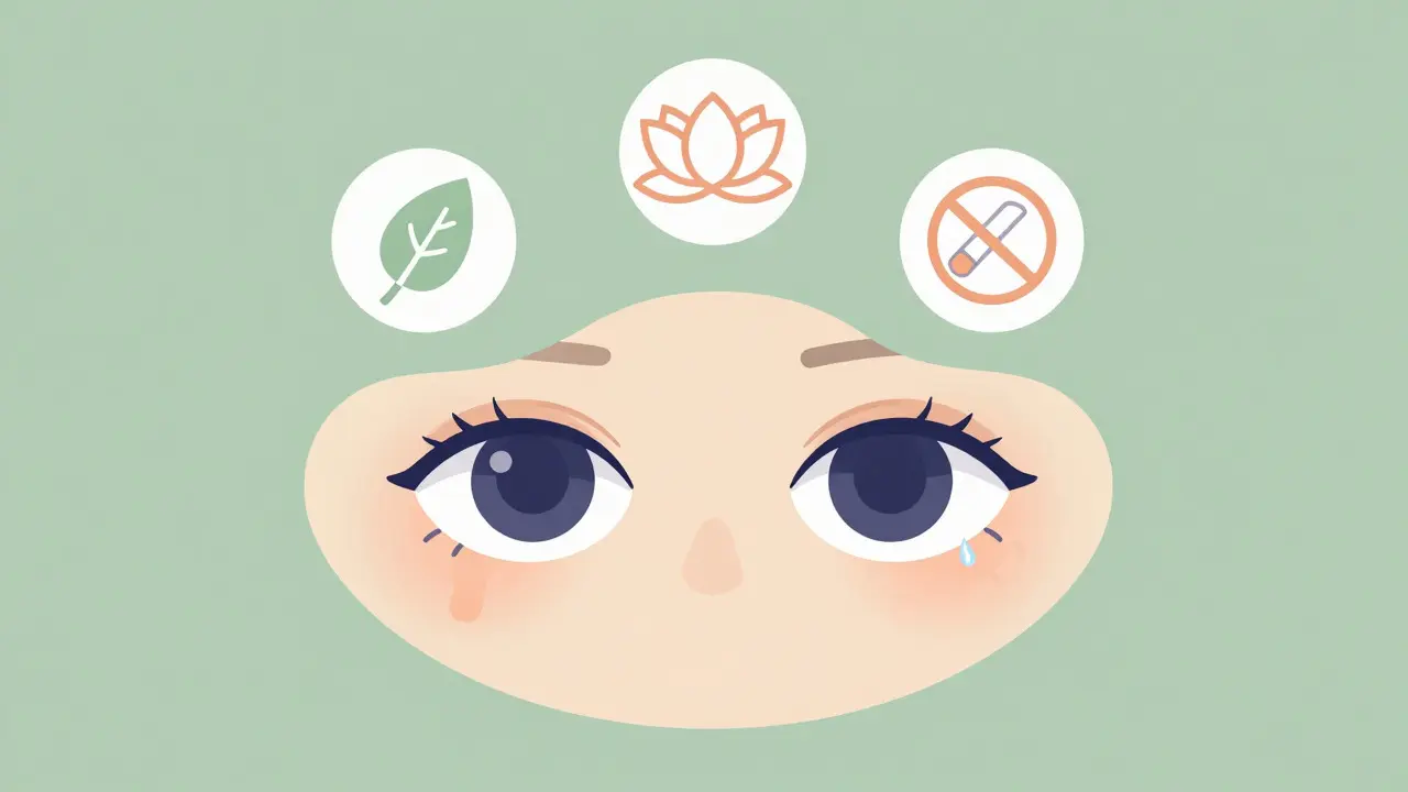 Stylized eyes with wellness icons representing lifestyle management