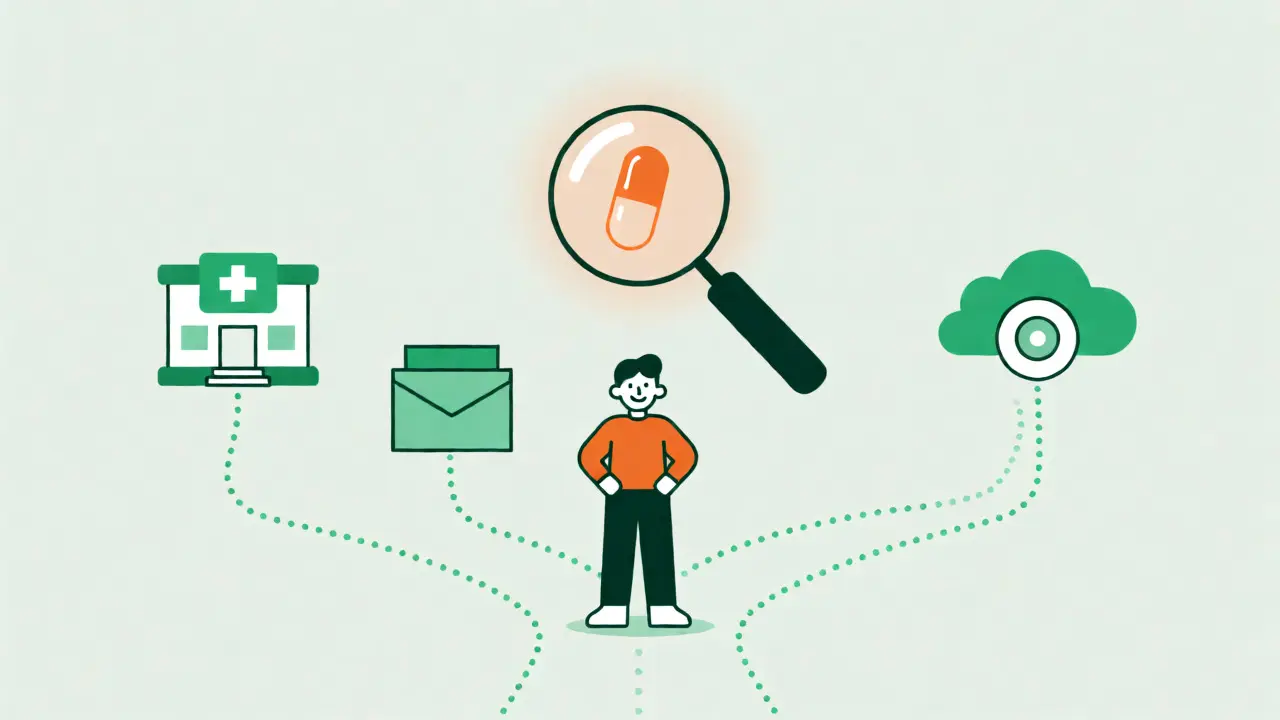 Conceptual cartoon showing different safe routes to buy generic medication online.