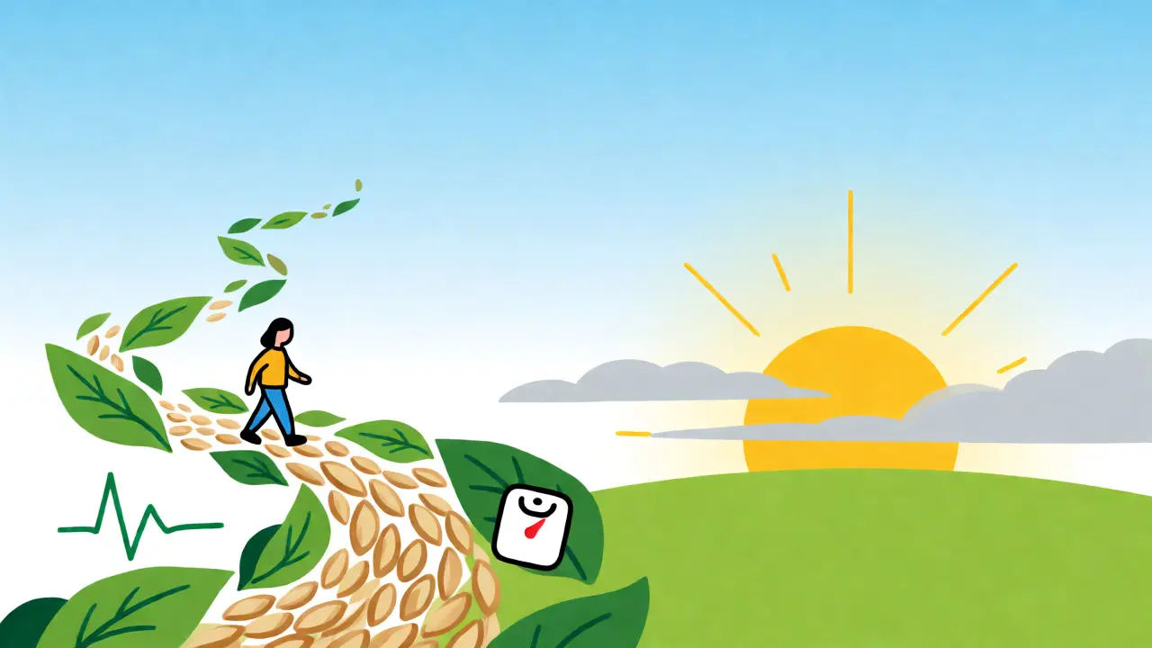 Hopeful minimalist scene depicting healthy walking and diet leading to prediabetes reversal.