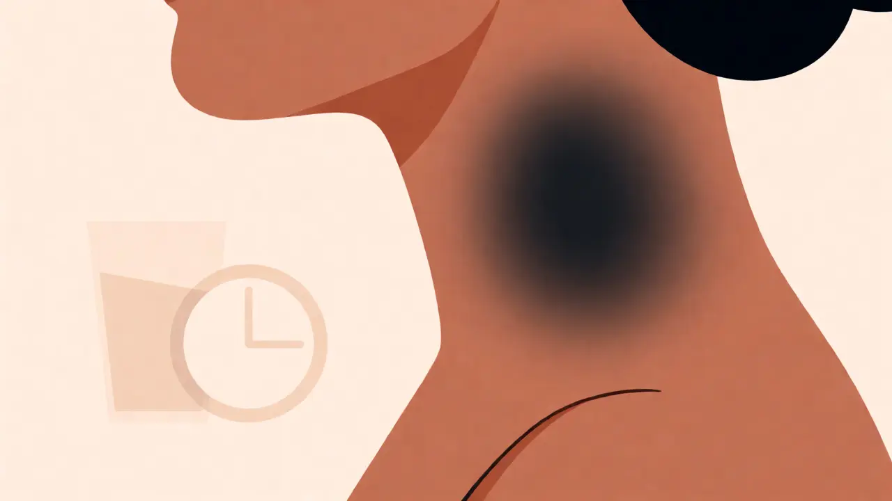 Illustration of dark skin patches on the neck indicating acanthosis nigricans alongside thirst cues.