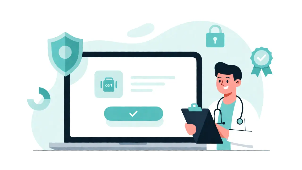 Illustration of online telemedicine consultation and secure checkout process.